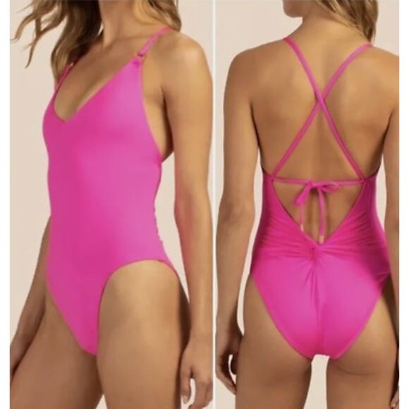 Trina Turk Monaco Twist Pink One Piece V-Neck Strappy Tie Back Swimsuit Size 6 - Picture 1 of 14